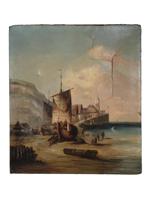 ANTIQUE OIL ON CANVAS PAINTING SEA PORT LANDSCAPE