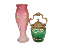 ART NOUVEAU GLASS VASE AND BISCUIT JAR WITH GILT