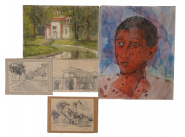 RUSSIAN CHARCOAL DRAWING AND WATERCOLOR PAINTINGS