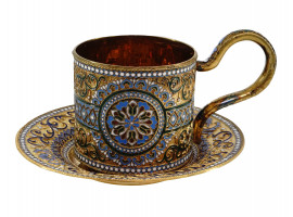 RUSSIAN SILVER CLOISONNE ENAMEL CUP AND SAUCER