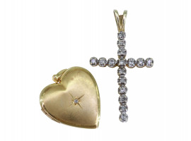 GOLD 10K CROSS WITH STONES AND GOLD HEART LOCKET