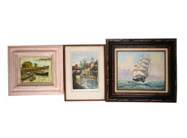 VINTAGE OIL MARINE PAINTINGS AND COLOR LITHOGRAPH