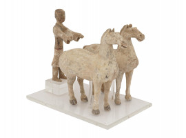 PAIR OF HAN DYNASTY POTTERY HORSES AND CARRIAGE