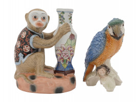 GERMAN PARROT AND CHINESE MONKEY PORCELAIN FIGURINE