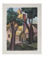 CUBIST PASTEL ON PAPER LANDSCAPE PAINTING SIGNED