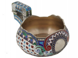 RUSSIAN SILVER AND POLYCHROME ENAMEL KOVSH LADLE