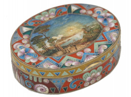 RUSSIAN SILVER GILT, CLOISONNE ENAMEL PAINTED BOX