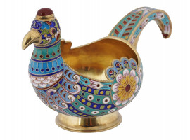 RUSSIAN GILT SILVER CLOISONNE ENAMEL BIRD KOVSH