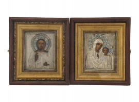 ANTIQUE SILVER & ENAMEL RUSSIAN ICON WEDDING PAIR