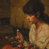 OIL PAINTING GIRL WITH FLOWERS SIGNED LOUIS BETTS PIC-2