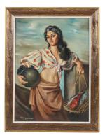 SPANISH WOMAN FISHMONGER OIL PAINTING SIGNED