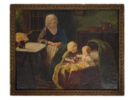 ANTIQUE INTERIOR FAMILY SCENE OIL PAINTING SIGNED