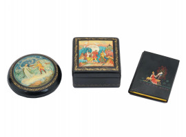 TWO RUSSIAN MSTERA LACQUER BOXES AND PHONEBOOK