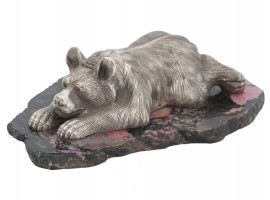 88 RUSSIAN SILVER BEAR ON RHODONITE BASE FIGURINE