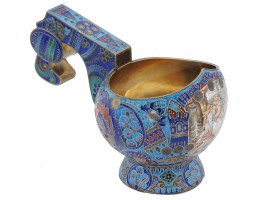 RUSSIAN 84 SILVER AND CLOISONNE ENAMEL KOVSH