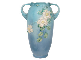 LARGE ROSEVILLE BLUE APPLE BLOSSOM POTTERY VASE