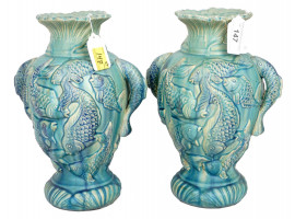 TWO LARGE JAPANESE CERAMIC VASES WITH FISH RELIEF