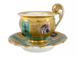 ANTIQUE RUSSIAN GILT PORCELAIN TEA CUP W SAUCER