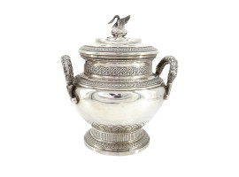 ANTIQUE FRENCH SILVER LIDDED SUGAR BOWL WITH SWAN