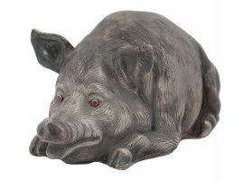 RUSSIAN SILVER PIG FIGURINE WITH RUBY STONE EYES