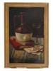 VINTAGE STILL LIFE OIL PAINTING WINE AND CARDS PIC-0