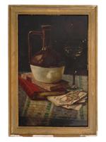 VINTAGE STILL LIFE OIL PAINTING WINE AND CARDS