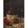 VINTAGE STILL LIFE OIL PAINTING WINE AND CARDS PIC-1