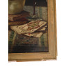 VINTAGE STILL LIFE OIL PAINTING WINE AND CARDS PIC-2