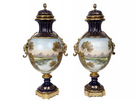 ANTIQUE FRENCH GILT BRONZE BLUE PORCELAIN VASES