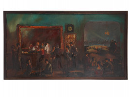 MID CENT PAINTING SKYCRAPER BAR SCENE SIGNED WEST