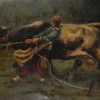 ANTIQUE 19 C PAINTING OF A WOMAN PULLING A COW PIC-2