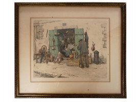 TAVIK SIMON ANTIQUE FRENCH AQUATINT COLOR ETCHING