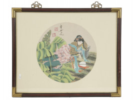 CHINESE PAINTING FEMALE PORTRAIT IN GARDEN SIGNED