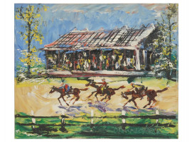 MIDCENTURY HORSE RACE PAINTING SIGNED MORRIS KATZ