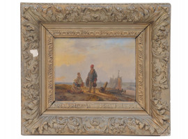 ANTIQUE 19 C DUTCH MARINE FISHERMAN PAINITNG