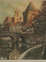 FRENCH BRIDGE COLORED ETCHING BY GEORGES PLASSE