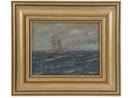 FRAMED NAUTICAL OIL PAINTING SAILING SHIP AT SEA