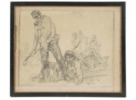 ANTIQUE AMERICAN CHORAL DRAWING OF WORKING MEN