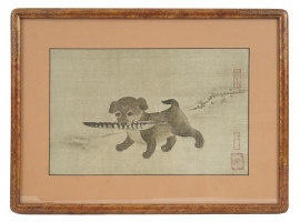 CHINESE DOG WOODBLOCK PRINT ON LINEN AFTER LEE AM
