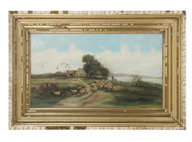 MID CENTURY VILLAGE HOUSE WITH SHEEP PAINTING