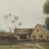 MID CENTURY VILLAGE HOUSE WITH SHEEP PAINTING PIC-2