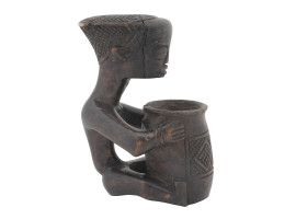 AFRICAN CONGO CARVED WOOD MALE FIGURINE WITH POT