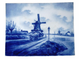 DUTCH DELFT HAND PAINTED BLUE WHITE WINDMILL TILE