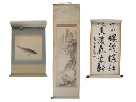 CHINESE LANDSCAPE HANGING SCROLLS AND CALLIGRAPHY