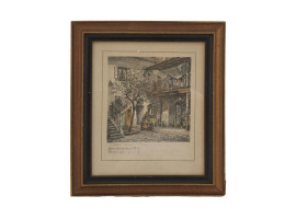 ANTIQUE COLORED ETCHING BEETHOVEN HOUSE, SIGNED