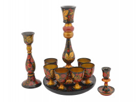 RUSSIAN KHOKHLOMA BAR SET & CANDLESTICKS, 10 PCS