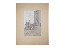 1914 PENCIL DRAWING OF A MEDIEVAL CASTLE SIGNED