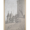 1914 PENCIL DRAWING OF A MEDIEVAL CASTLE SIGNED PIC-1
