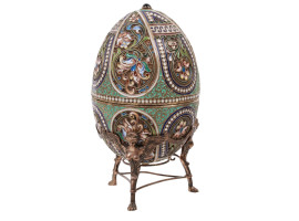 RUSSIAN GILT SILVER ENAMLED EASTER EGG WITH STAND