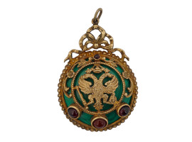 LARGE RUSSIAN GILT SILVER RUBY MALACHITE PENDANT